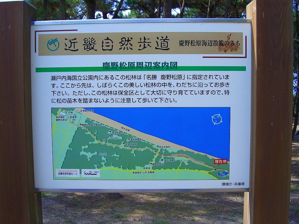 慶野松原に設置してある松林が保全区に指定されている説明と松の苗木を踏まないように注意を促す看板