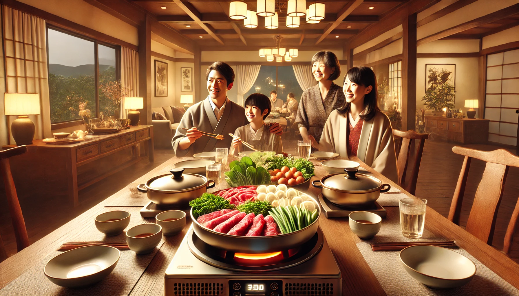 自宅のリビングで高級しゃぶしゃぶを囲む30代の日本人家族。