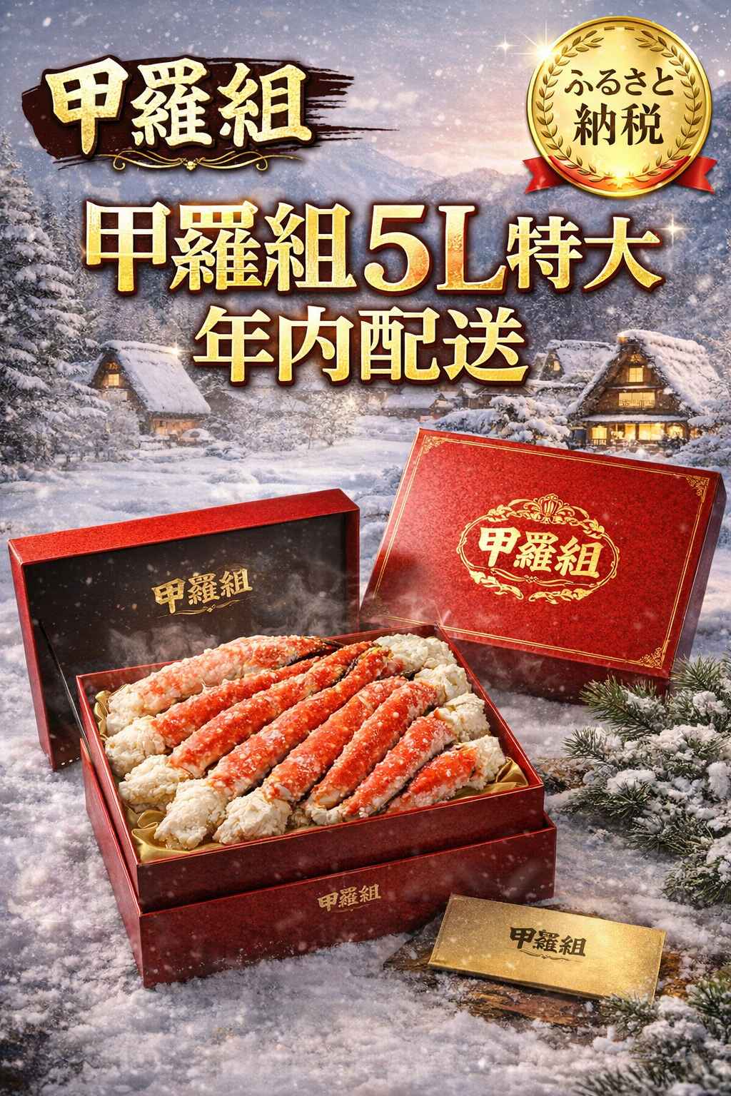 高級な赤い化粧箱に入った特大の「甲羅組」のカニ（5Lサイズ）。背景は日本の雪景色（合掌造りなど）。右上に「ふるさと納税」の金色のアイコンがあり、大きな文字で「甲羅組 5L特大 年内配送」と書かれている豪華な写真。