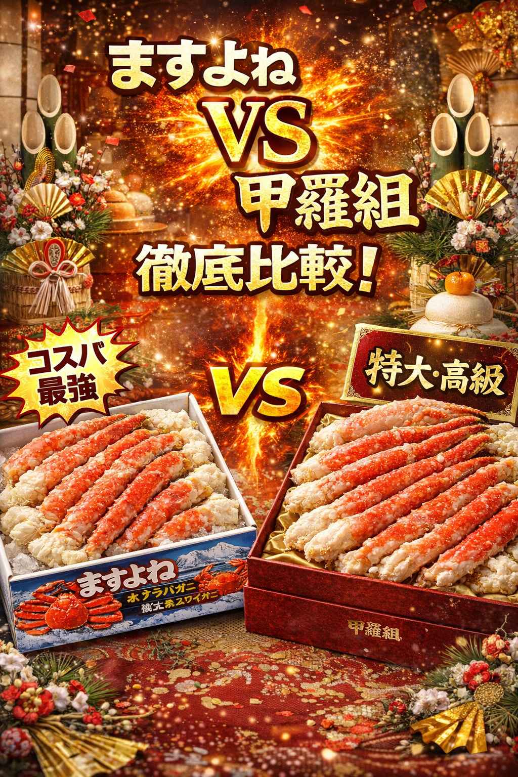 お正月の賑やかな背景（門松や金屏風）。左側に山盛りの「ますよね」のカニと「コスパ最強」のタグ。右側に巨大な「甲羅組」のカニと「特大・高級」のタグ。中央にドカンと「ますよね VS 甲羅組 徹底比較！」という文字がある対決画像。
