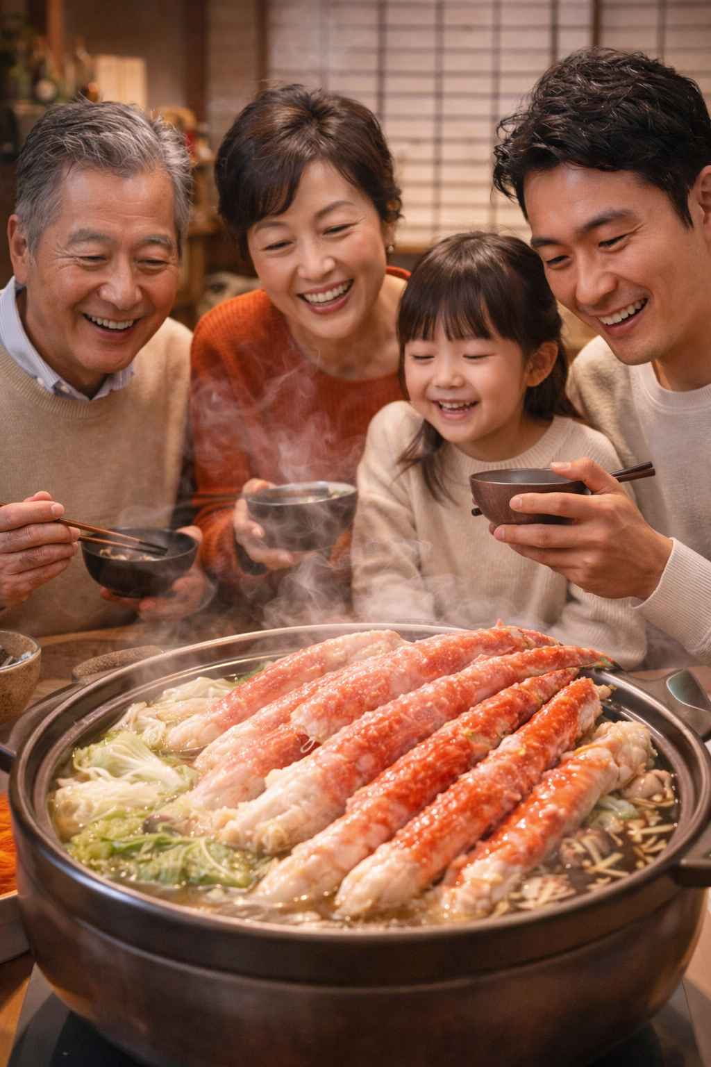 幸せそうな日本の家族（3世代）が、湯気の立つカニ鍋を囲んで笑顔で団らんしている温かい写真。 