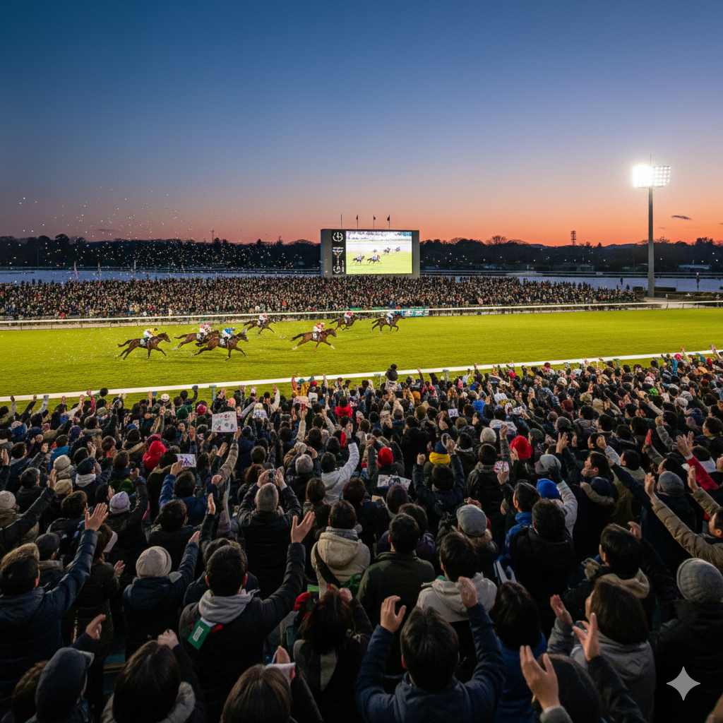 有馬記念が開催される中山競馬場の夕暮れ時、大観衆で埋め尽くされたスタンドの熱気あふれる風景