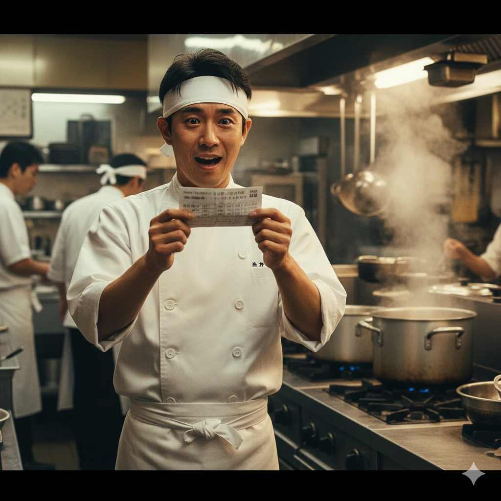 1995年の有馬記念で万馬券を的中させ、厨房で驚きと喜びの表情を浮かべる若き日の料理人