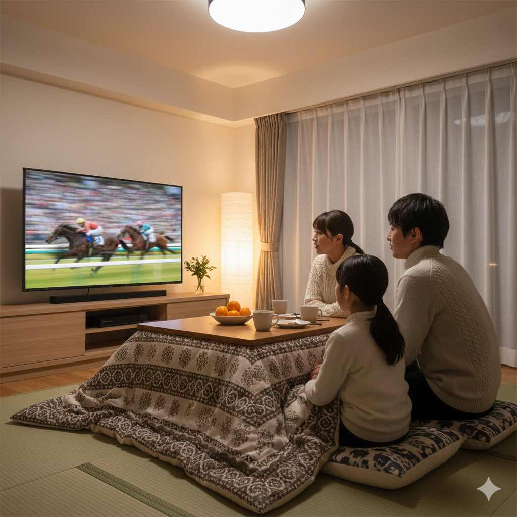こたつに入りながら暖かいリビングで有馬記念のテレビ中継をリラックスして楽しむ家族の様子