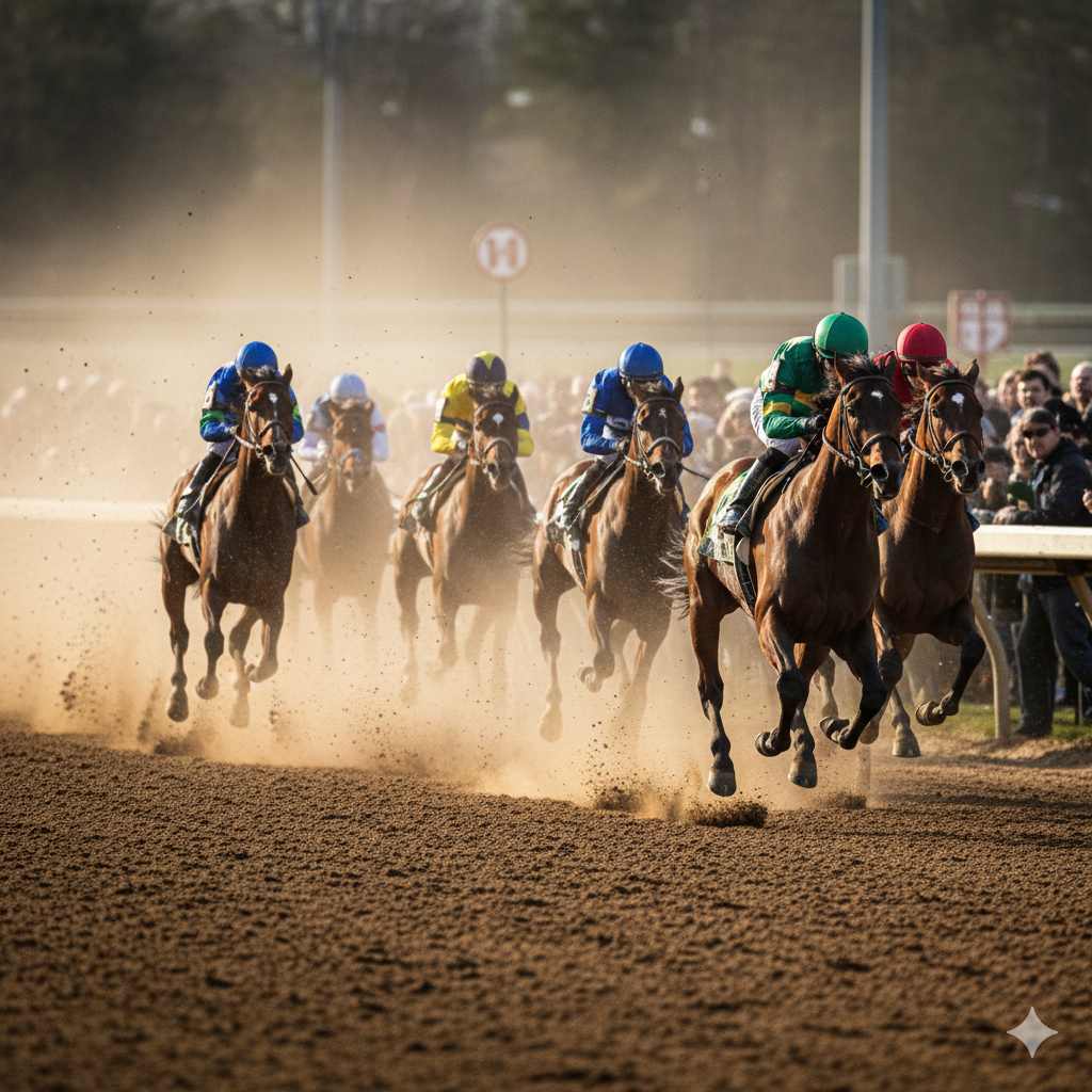ゴール直前の激走を見せる競走馬たちの迫力ある蹄の音とスピード感が伝わるレースシーン