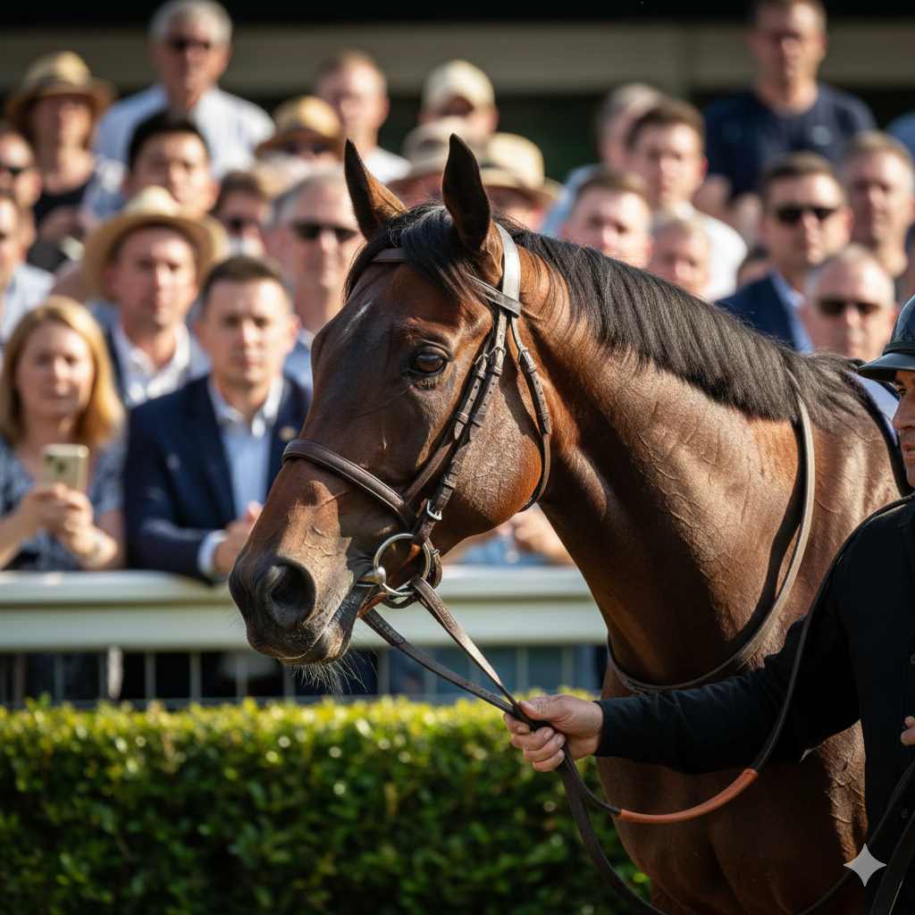 パドックを周回する競走馬の美しい馬体とつややかな毛並み、それを柵越しに見守る観客たち