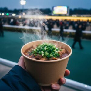 冬の競馬場の定番グルメ、湯気が立ち上る温かいモツ煮込みを手にした様子
