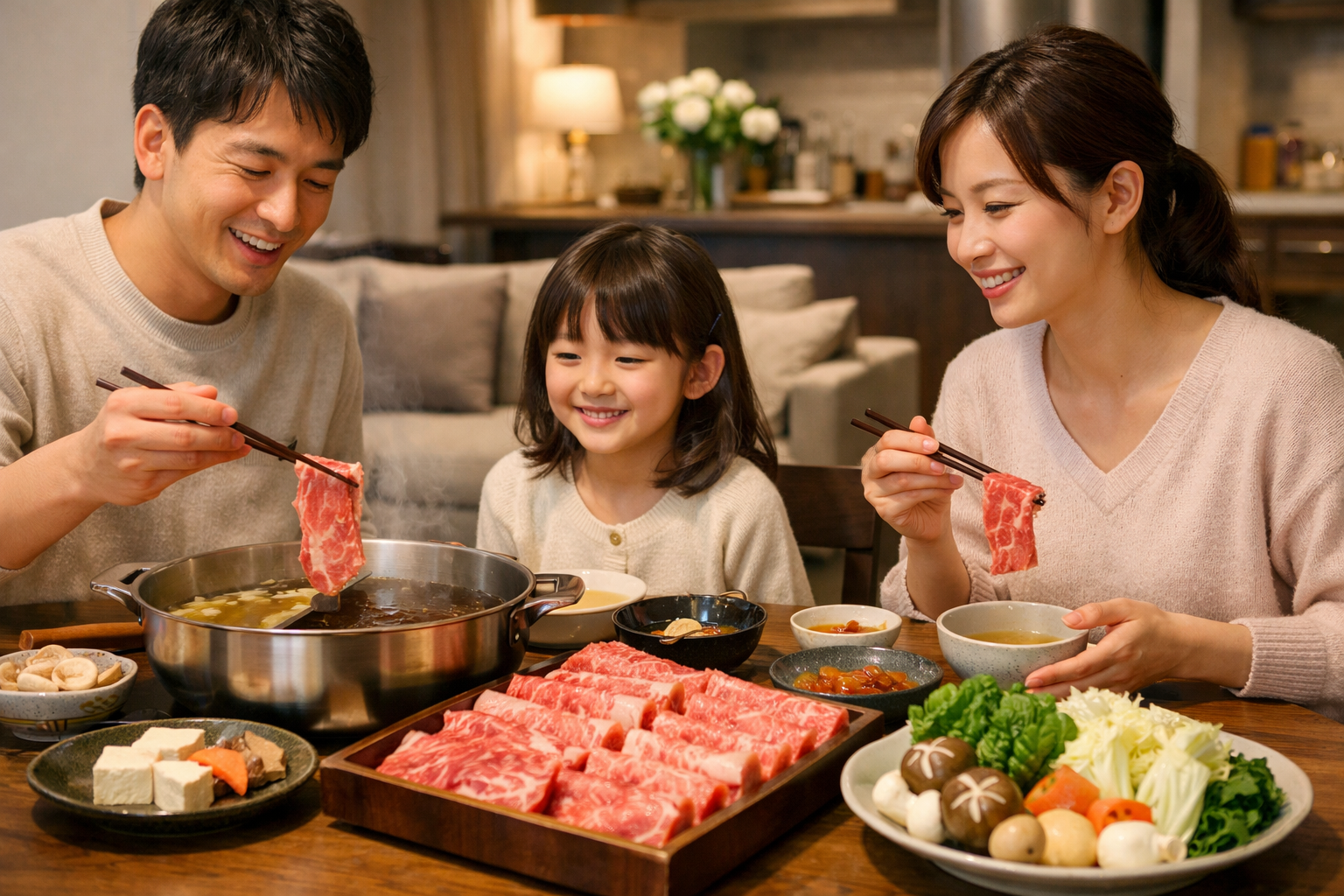 リビングの食卓でしゃぶしゃぶを楽しむ日本人の若い家族。父、母、幼い娘が笑顔で霜降り牛肉を鍋に入れている。テーブルには新鮮な野菜や豆腐、薄切りの牛肉が美しく盛り付けられており、温かく団らんの雰囲気が広がっている。