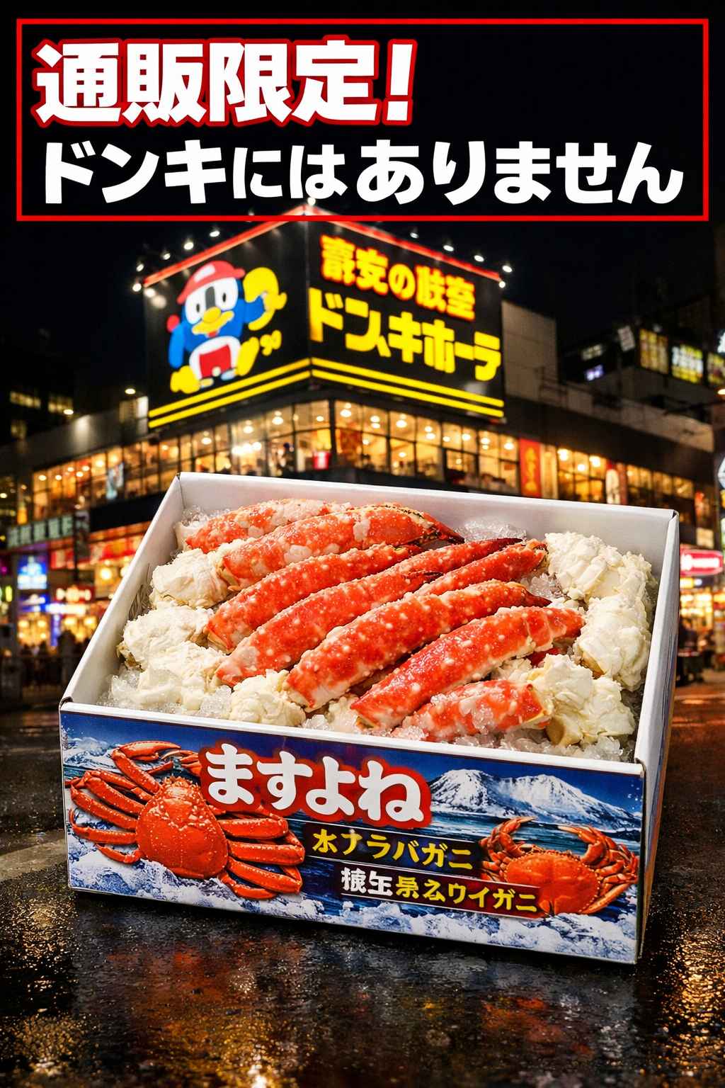 夜のドン・キホーテの店舗（看板が明るく光っている）を背景に、「ますよね」のカニの箱（中身が見える状態）がドーンと置いてある写真。画像の上にデカデカと赤枠の白文字で「通販限定！ドンキにはありません」と書かれている。