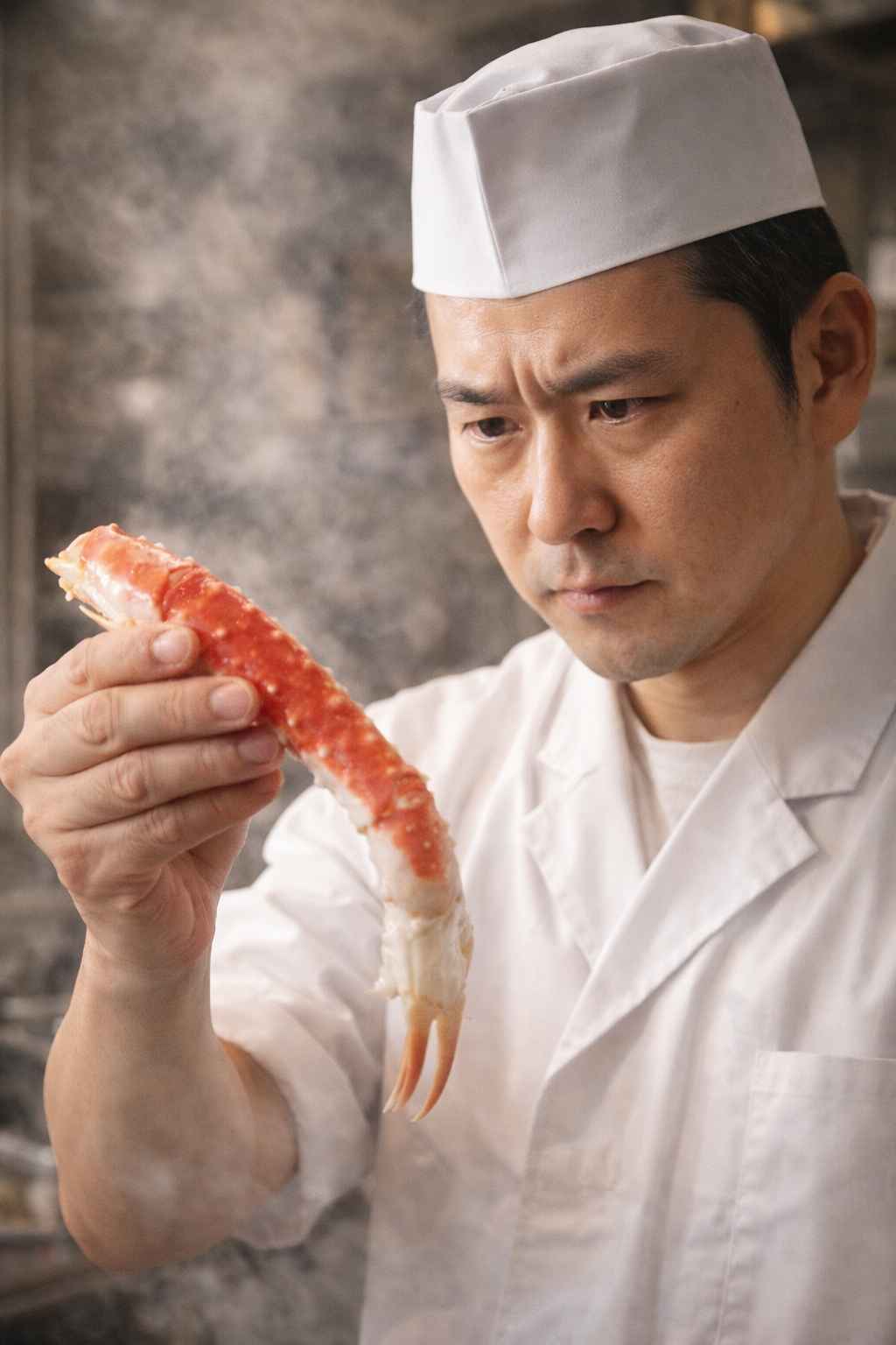 板前姿の日本人男性が、調理場で真剣な顔つきで生のズワイガニの脚を一本持ち上げ、品質をチェックしているクローズアップ写真。湯気が立っている背景。