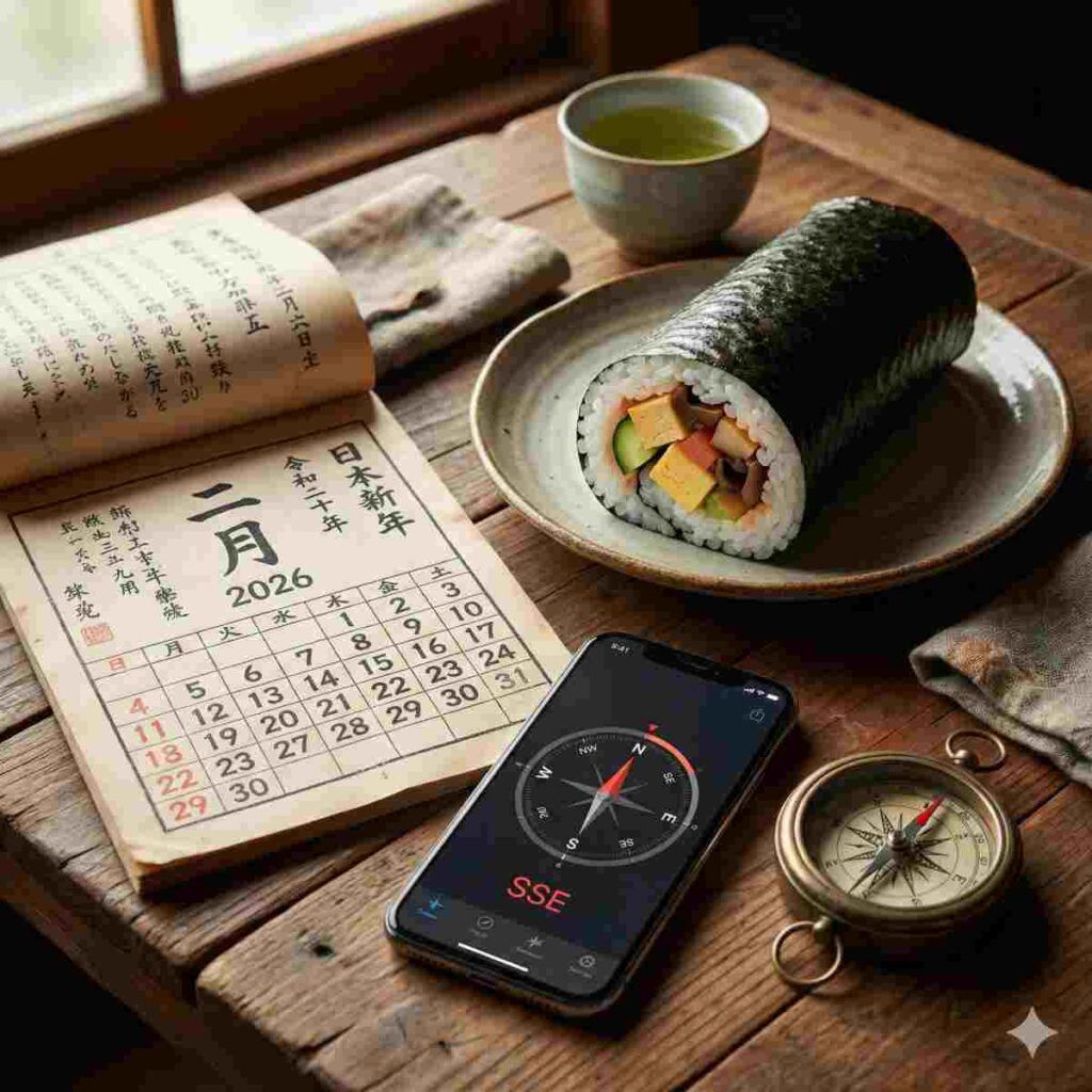 木製のテーブルの上に置かれた静物写真。断面から具材が見える伝統的な日本の恵方巻、2026年2月を開いた古い和風のカレンダー、南南東を指すコンパスアプリを表示した現代のスマートフォン、そしてアンティークな真鍮のコンパスが並んでいる。温かく準備が整った雰囲気。