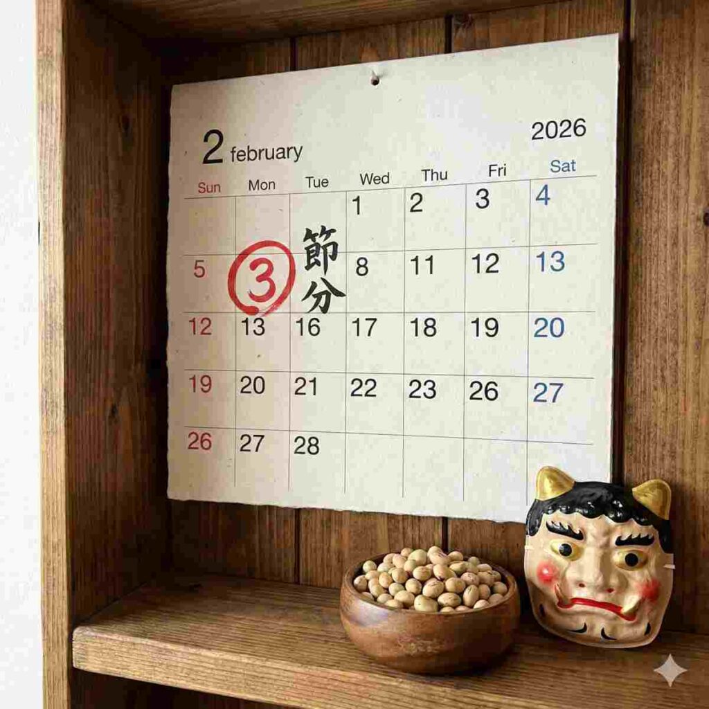2026年2月の壁掛けカレンダーのクローズアップ写真。「3日（火曜日）」の日付が赤いマーカーで目立つように丸で囲まれ、その横に「節分」と筆文字で書かれている。カレンダーの横の木の棚には、炒り豆と伝統的な鬼のお面が置かれている。