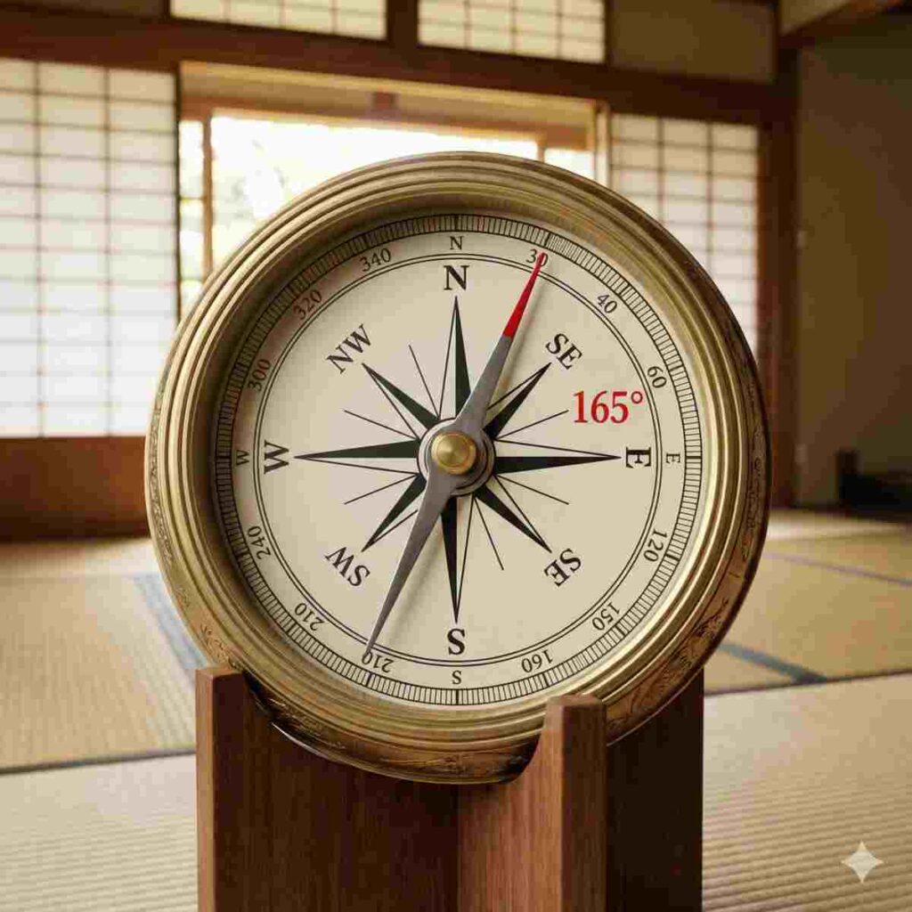 精密なコンパスの針が「南南東」の方角と「165°」の数字に完全に合っていることを強調したインフォグラフィック写真。背景は、その方向を強調するように柔らかくぼかした、障子のある伝統的な日本の和室。