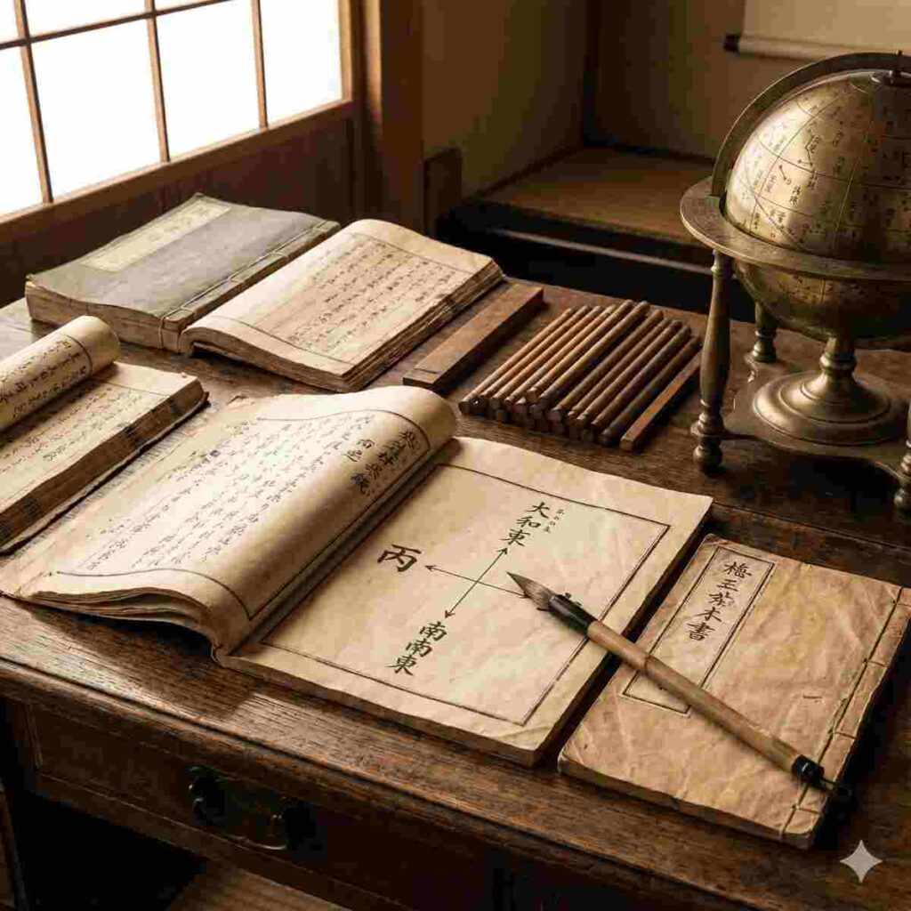 十干を説明するページが開かれた古い日本の巻物や書物を示す歴史的なスタイルの写真。筆が「丙」の文字と「南南東」の方角を結びつける図を指している。古びた机の上には算木と古代の天球儀がある。