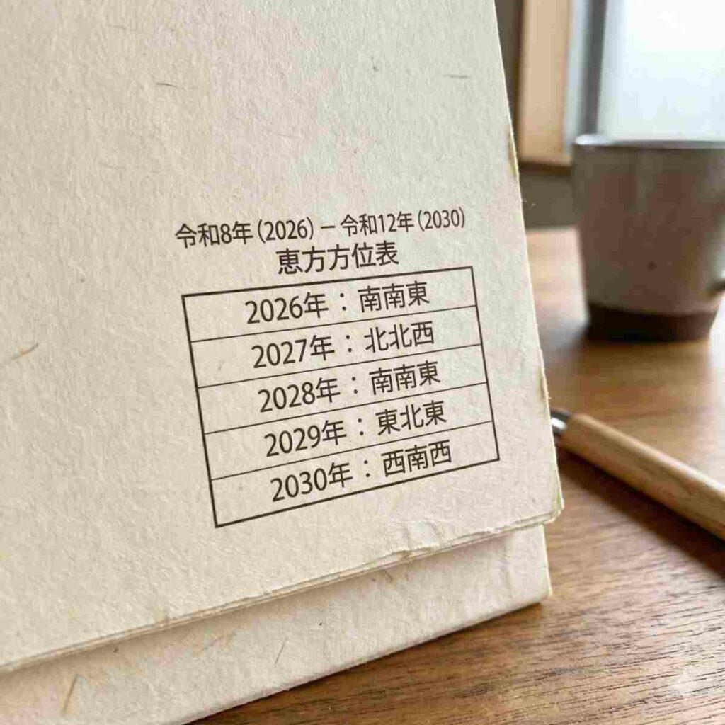 2026年から2030年までの5年間のチャートが記載された卓上カレンダーのページのクローズアップ写真。各年とそれに対応する恵方の方角（例：2026年：南南東、2027年：北北西など）が読みやすい日本語で明確にリストアップされている。紙は質感のある高品質な手触り。