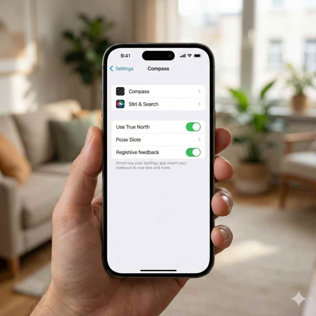 iPhoneの画面で「コンパス」アプリの「設定」メニューを表示しているクローズアップ写真。「真北を使用」の横にあるトグルスイッチが緑色の「オン」の位置にあることがはっきりと分かる。ぼやけたリビングルームを背景に、手が電話を持っている。