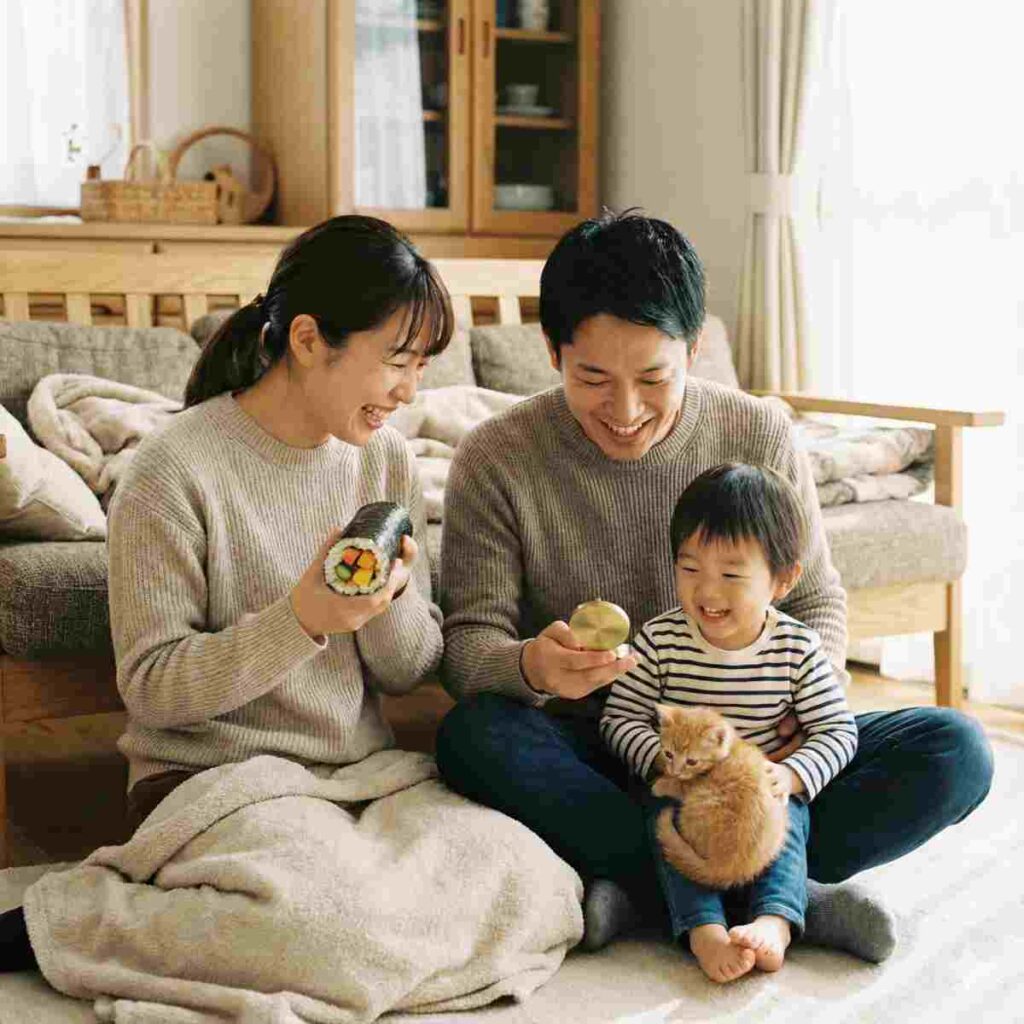 居心地の良いリビングルームで、30代の日本人家族（父、母、幼い子供）と小さな子猫が写っている心温まる家族写真。彼らはコンパスを見たり、自家製の恵方巻を持ったりしながら笑顔でいる。リラックスして楽しげな雰囲気。