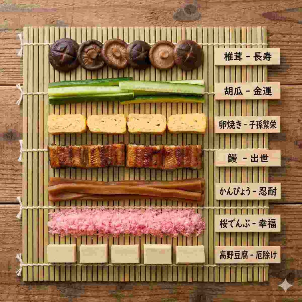 巻きすの上にきれいに並べられた7種類の伝統的な恵方巻の具材の高品質な料理写真。具材には、椎茸の煮物、きゅうり、伊達巻、うなぎ、かんぴょう、桜でんぶ、高野豆腐が含まれる。各具材の横にある小さくて上品なラベルには、それぞれの縁起の良い意味が日本語で示されている（例：「長寿」、「金運」）。