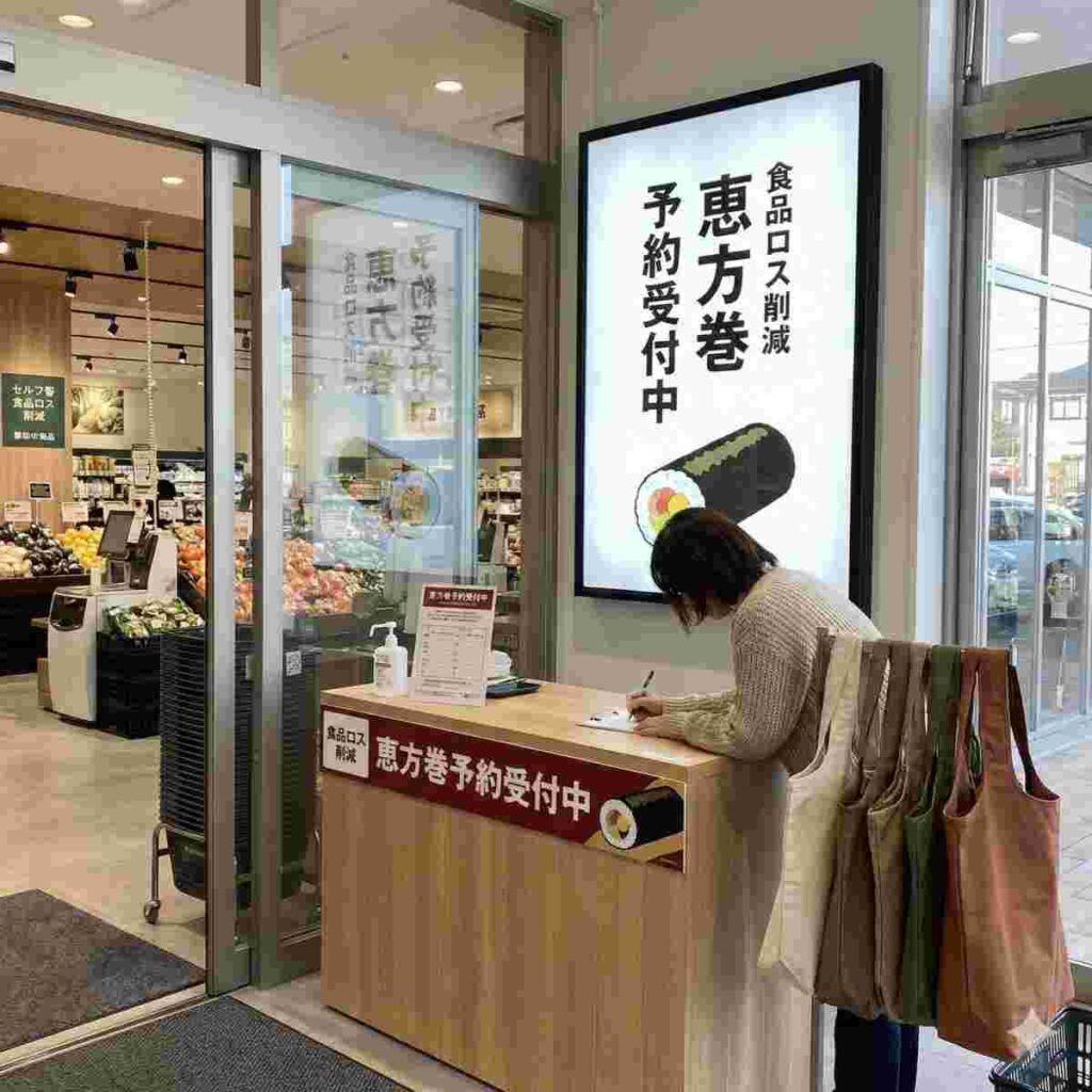 清潔でモダンなスーパーマーケットの入り口の写真。目立つポスターには日本語で「恵方巻予約受付中」「食品ロス削減」と掲示されている。客が特設カウンターで予約用紙に記入している。再利用可能なエコバッグが見える。この画像は意識的な消費を促進している。