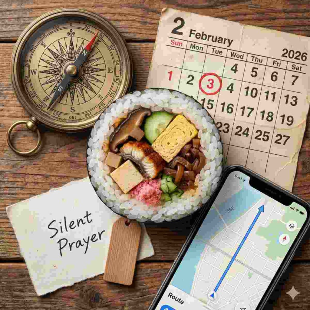 ガイド全体を要約したコラージュスタイルの静物写真。南南東を指すコンパス、2026年2月3日に丸印が付いたカレンダー、7種類の具材が見える恵方巻の断面、地図の線が表示されたスマートフォン、「無言の祈り」と書かれた小さなメモなどの要素が含まれている。すべてのアイテムが素朴な木の表面に芸術的に配置されている。