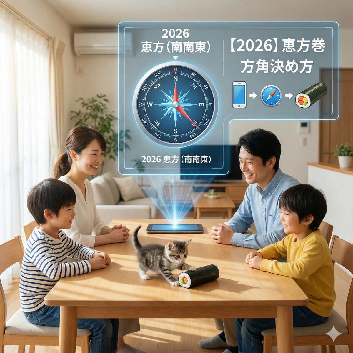 2026年の恵方巻の方角（南南東）を、リビングでタブレットから投影されたホログラムを見ながら確認している4人家族と子猫のイラスト。ホログラムにはコンパスと「2026 恵方（南南東）」「【2026】恵方巻 方角決め方」の文字が表示され、テーブルの上の恵方巻に子猫が触れようとしている様子を家族が笑顔で見守っている。